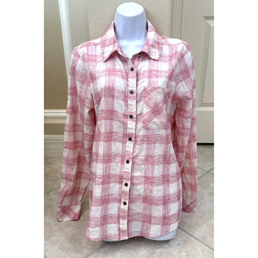 BKE Buckle Eased Shirt Womens Pink/ IvoryPlaid Long Sleeve Button Up Gauze